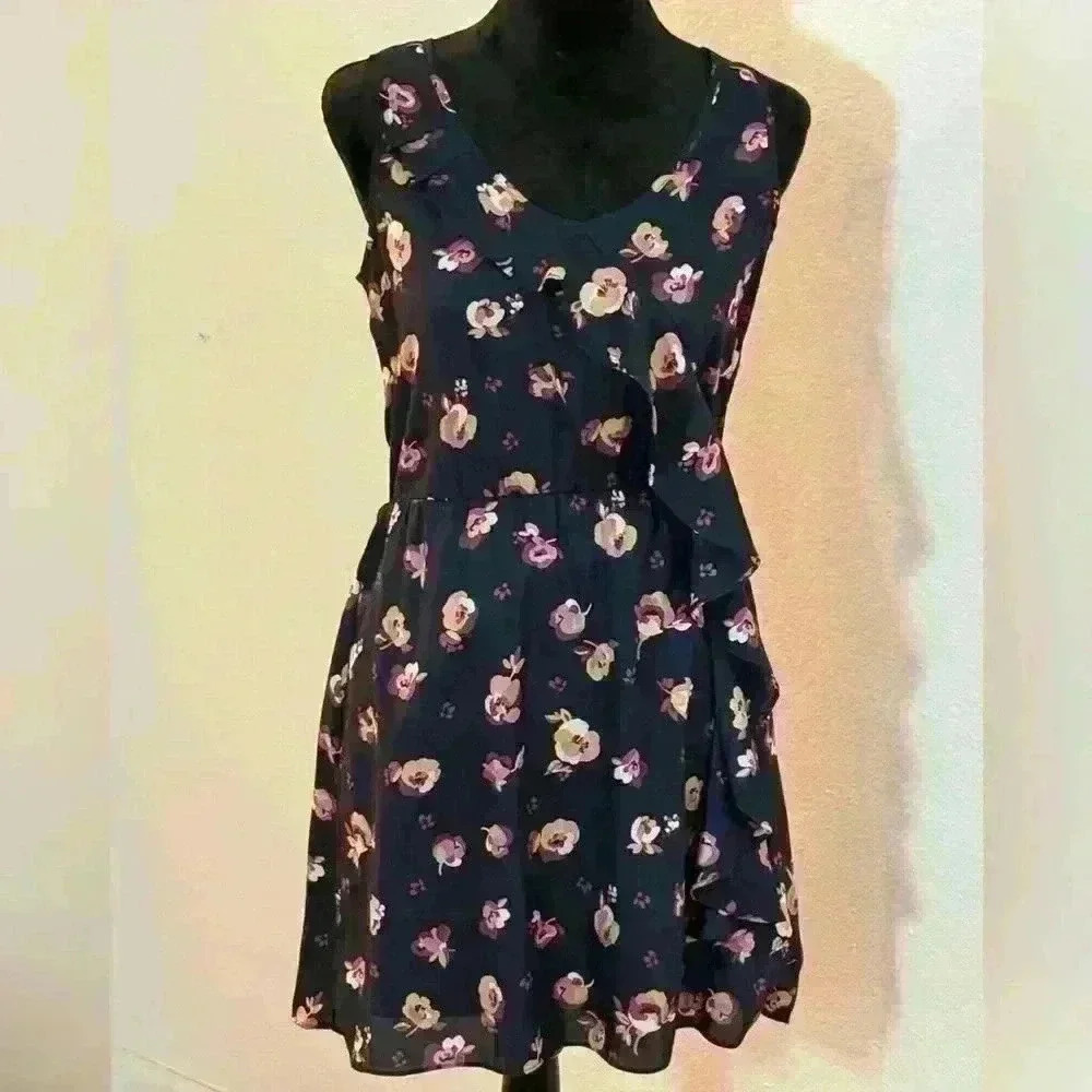 Lauren Conrad Ruffled Sleeveless Navy & Floral Midi Dress